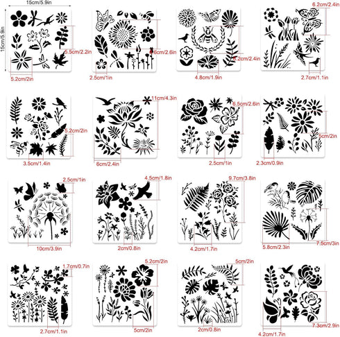 16 Sets Flower Stencils for Painting on Wood, 168 pcs Small Plants Including Flower Grass Birds Butterfly Bee Reusable Templates for Scrapbooking ...
