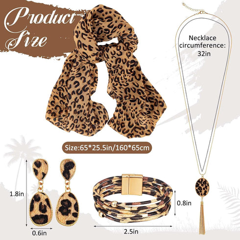 4 Pcs Leopard Print Scarf and Jewelry Set Women Cheetah Wrap Shawl Dangle Earrings Leather Necklace Multilayer Bracelet Bohemia Leopard Print Acce...
