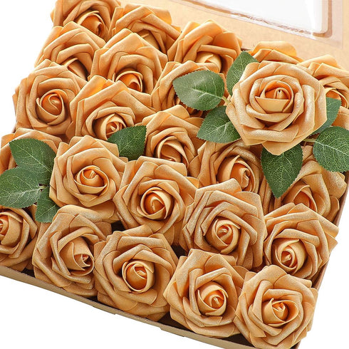 Floroom Artificial Flowers 25pcs Real Looking Gold Foam Fake Roses with Stems for DIY Wedding Bouquets Bridal Shower Centerpieces Party Decoration...