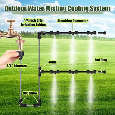 39 Pcs Misting Cooling System, Misters for Outside Patio, 30 Atomizing Connector, 2 Tee Adapters, 2 Pcs 3/4'' Adapters, 2 Pcs 90° Elbows and 3 End...