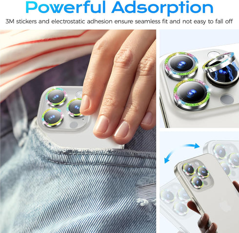 for iPhone 15 Pro Max Camera Lens Protector Bling and 3 Pcs Screen Protector, Tempered Glass Camera Cover, Anti-Scratch Anti-Drop Protection Glitt...