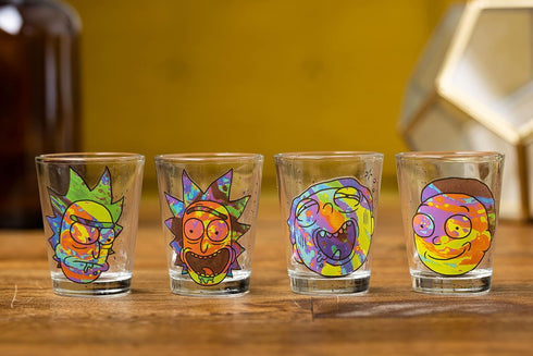 Silver Buffalo Rick and Morty Colorful Abstract Faces 4 Pack Mini Glass Set, 1.5 Ounces...