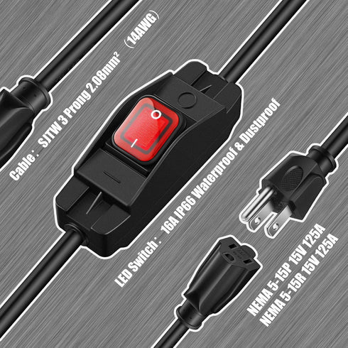 Weewooday 3 Prong Outdoor Extension Cord with Waterproof Switch 1875W Heavy Duty 14/3 SJT Cable Inline On/Off 15A 125V Grounded Outlets Plugs for ...