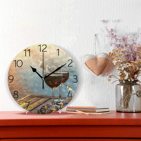 MOYYO Romantic Red Wine at Beach Sunset Wall Clock 9.8 Inch Silent Round Wall Clock Battery Operated Non Ticking Creative Decorative Clock for Kid...