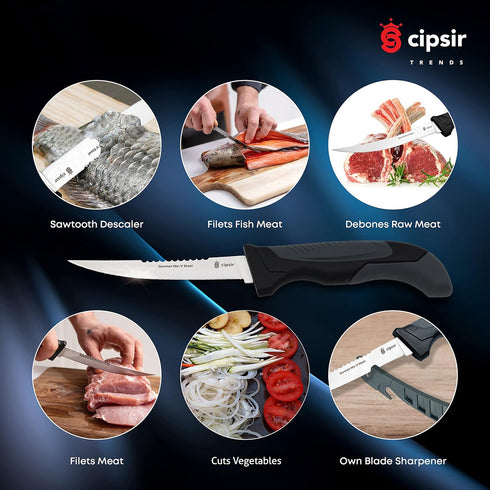 Meat and Fish Fillet Knife - Curved salty water resistant german 5 inch steel blade with sheath, sharpener and gift box, ideal for filleting and d...