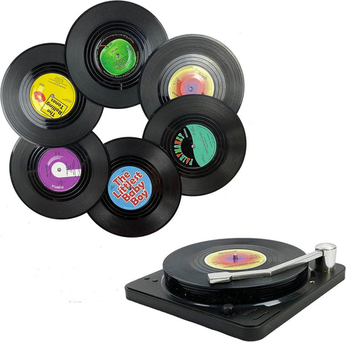 MECOWON Music Coasters with Vinyl Record Player Holder, Set of 6 Drink Coasters for Music Lovers...