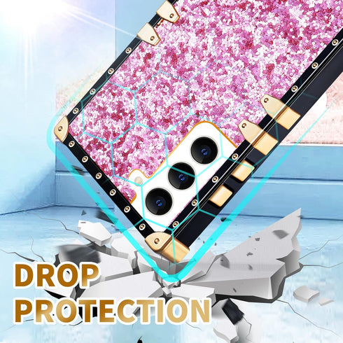 Loheckle for Samsung Galaxy S22 Case for Women Girls with Ring Stand Holder and Lanyard, Glitter Retro Luxury Glamour Cute Square Edges Bling Phon...