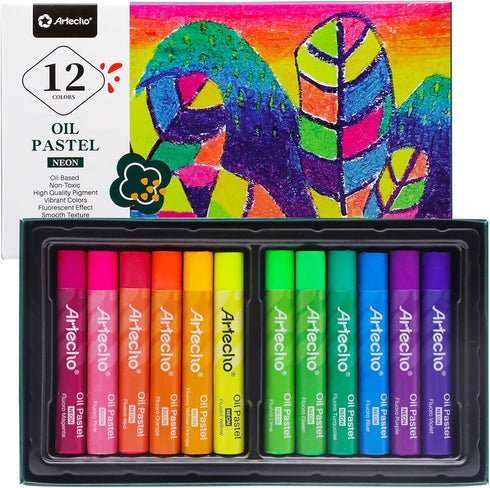 Artecho Neon Oil Pastels Set of 12 Colors (10x70mm), Soft Oil Pastels for Art Painting, Drawing, Blending, Oil Crayons Pastels Art Supplies...