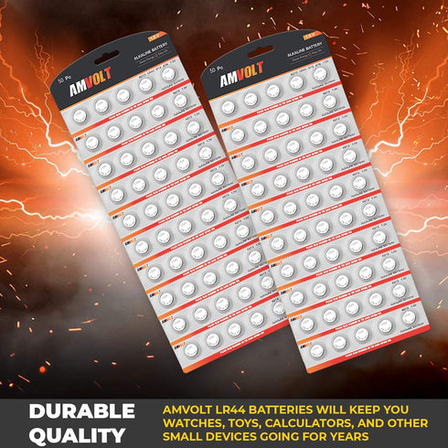 AmVolt- Pack of 50 LR44 Batteries AG13 SR44 357 303 Premium Alkaline Non Rechargeable Button Battery, 1.5 Volt Small Batteries for Watches Clocks ...