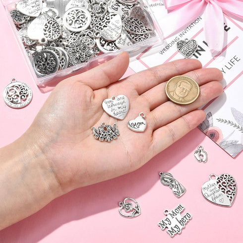 UR URLIFEHALL 100 Pcs Mother's Day Charms Heart Tibetan Charms Tibetan Antique Silver Charms Pendants for DIY Supplies Accessories...
