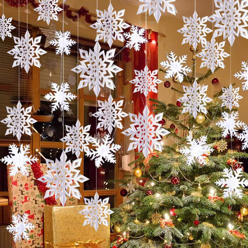 OuMuaMua Winter Christmas Hanging Snowflake Decorations, 12PCS Snowflakes Garland & 12PCS 3D Glittery Large White Snowflake for Christmas Winter W...