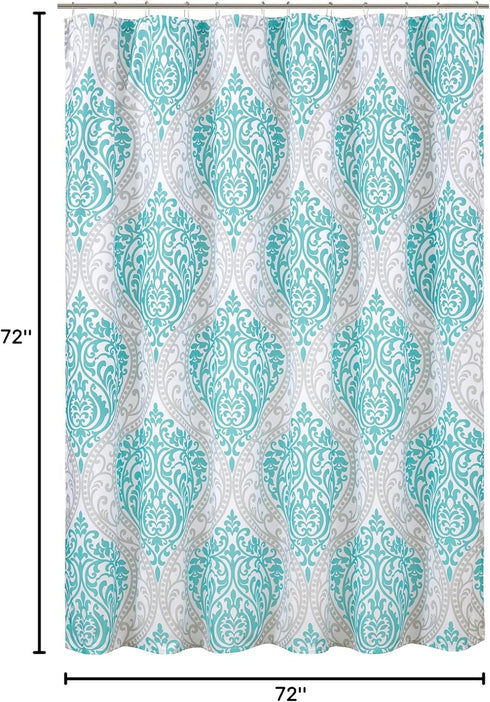 Comfort Spaces Coco Bathroom Shower Curtain Printed Damask Pattern Modern Cute Microfiber Fabric Bath Curtains, 72"x72", Teal / Grey...