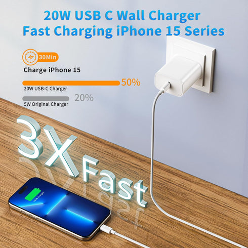 iPhone 15 Charger Fast Charging, 3 Pack 20W USB C Wall Charger Fast Charging Block with 10FT Long USB C to C Charging Cable Compatible for iPhone ...