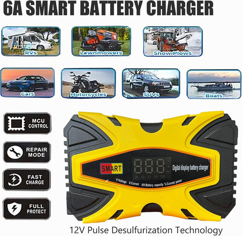 12V 6A Smart Car Battery Charger with Temperature Compensation-Automotive Battery Maintainer Desulfator for Cars, Trucks, Motorcycles, Lawn Mowers...