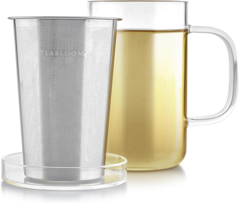 Teabloom Premium Borosilicate Glass Mug with Stainless Steel Loose Leaf Tea Infuser and Lid/Dish - 12 Ounces (350 mL)...