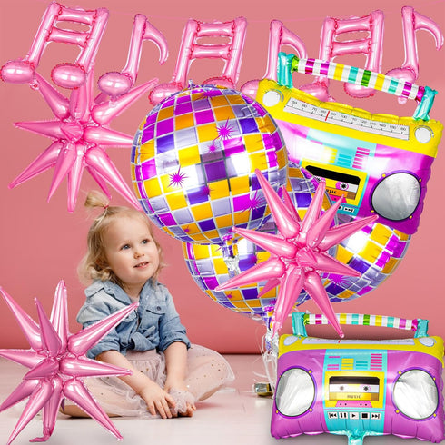 Retro Boombox Balloon?Pink Disco Ball Balloons 14 Pcs Music Disco Foil Mylar Balloons for Girls Disco Party Decorations?70s 80s 90s Party Decor?Bi...