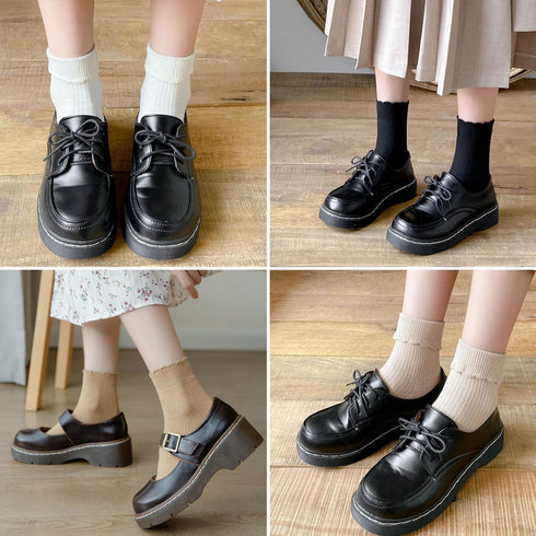 Women Cute Ruffle Frilly Turn Cuff Ankle Socks Scalloped Pointelle Solid Casual Crew Socks 4 Pairs...