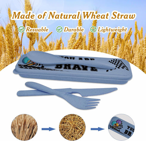 4 Sets Reusable Utensils Set with Case, Plastic Camping Utensil Set Knife Forks and Spoon for Lunch Box Kit, Cool Dirt Bike Pattern Travel Cutlery...