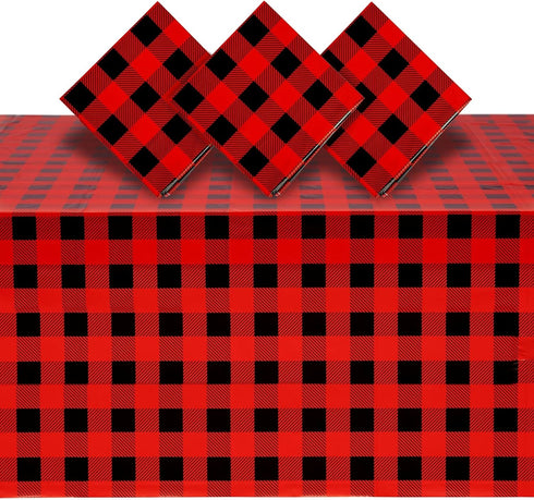 BLUE PANDA Buffalo Plaid Plastic Tablecloth Picnic Table Cover - 3 Pack 54 x 108 in Red & Black - Disposable Durable Decor for Lumberjack Party De...