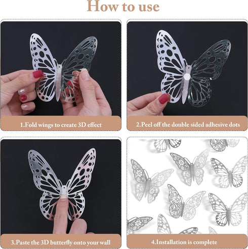 3D Butterfly Wall Stickers, 72Pcs 3 Sizes 3 Styles, Removable Metallic Wall Decals Fridge Sticker Room Mural Decoration for Kids Bedroom Nursery C...