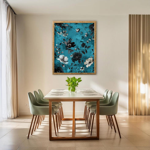 Posterizer 1 pcs-white and black dainty flowers with blue background-Floral & Botanical Art-Abstract & Modern Art-Decor for Home & Office- UNFRAME...