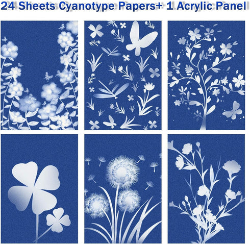 Sun Print Paper Kit Cyanotype Paper, 24 Sheets Cyanotype Papers with 1 Sheet Acrylic Panel, High Sensitive Nature Sun/Solar Activated Sun Printing...