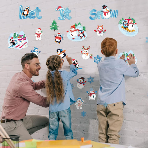 62 Pieces Winter Bulletin Board Decorations Penguin Snowflake Snowman Cutouts Christmas Tree Cutouts Winter Snow Bulletin Board Set with Glue Poin...