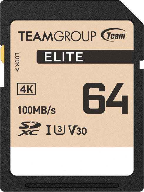 TEAMGROUP Elite 64GB UHS-I U3 V30 UHD Read Speed up to 100MB/s SDXC High Speed 4K Memory Card Compatible with Canon Sony Nikon Panasonic FUJIFILM ...