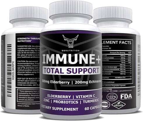 OX NUTRITION 10 in 1 Elderberry, Vitamin C, Zinc, Vitamin E, Vitamin B6, Echinacea, Garlic, Turmeric, L-Glutamine HCL & Lactobacillus Probiotics &...