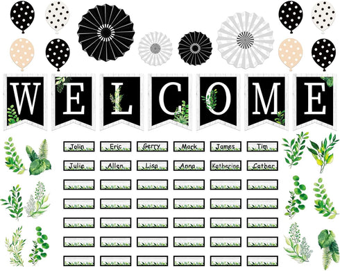 61 Pieces Simply Boho Welcome Classroom Bulletin Board Set Eucalyptus Bulletin Board Classroom Decoration Balloon Paper Fans Cutouts for Primary S...