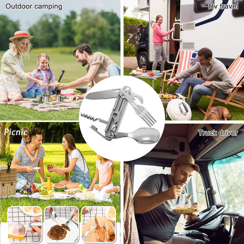 Outdoor Camping Utensil Set, Multi Tools 6 in 1 Stainless Steel Camping Spoon Fork Knife Combo, Vonhen Portable Travel Cutlery Set, Detachable Hik...