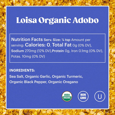 Loisa Adobo Seasoning, USDA Organic, Non-GMO, No-MSG, No Preservatives, No Artificial Coloring, No Artificial Flavors, 2.9oz, Pack of 1 (Adobo)...