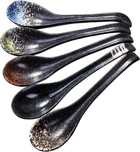7 inch Japanese and Korean Ramen Spoon Set of 5, Asian Soup Spoon Chinese Soup Spoon Curved Handle Soup Spoon Long Handle Ceramic Miso Soup Spoons...
