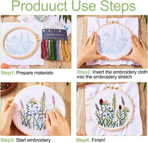 Magibeads 3 Sets Flower Leaf Water Soluble Embroidery Starter Kit Cross Stitch Patterns Crochet Kit with Embroidery Thread Fabric Instruction Knit...