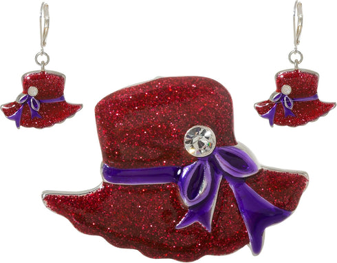 Artisan Owl - Glittering Red Hat Society Dangling Earrings and Brooch Pendant Pin Set...