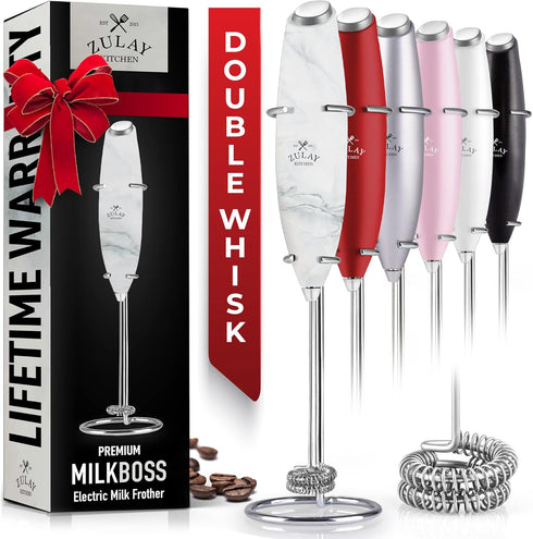 Zulay Kitchen Powerful Double Whisk Milk Frother Handheld - Foam Maker With Stand - Whisk Drink Mixer for Coffee, Mini Foamer for Latte, Matcha, F...