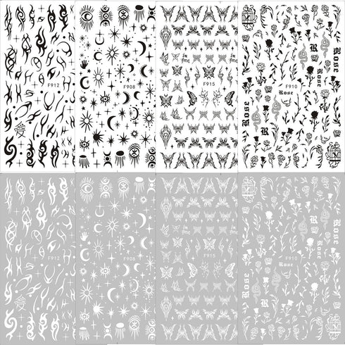 Butterfly Nail Stickers 3D Self-Adhesive Rose Nail Art Stickers Gothic Design Star Nail Decals Black Sun Moon Flame Flower Nail Art Supplies for W...