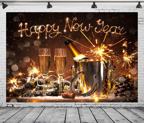 BELECO 5x3ft Fabric Happy New Year Backdrop 2025 New Years Eve Backdrops New Year Party Decorations Banner Lucky Horseshoe Champagne Fireworks Bok...
