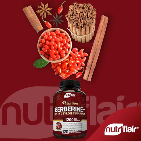 NutriFlair Premium Berberine HCL 1200mg, 120 Capsules - plus Pure True Ceylon Cinnamon, Berberine HCI Root Supplements Pills - immune system, heal...