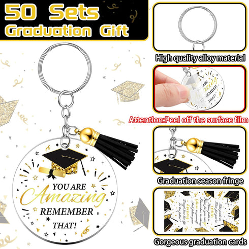 150 Pcs 2025 Graduation Gifts Keychain Class of 2025 Graduation Gifts Include 50 Inspirational Acrylic Keychain with Tassels 50 Grad Cards 50 Orga...