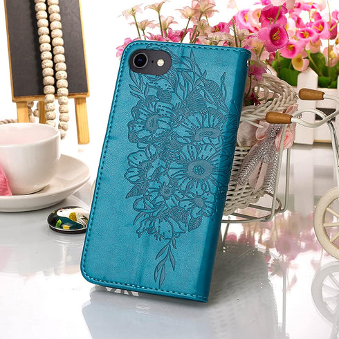 for iPhone SE 2022/SE 2020 Case, 6/6S/7/8 Wallet Case | Butterfly Floral Embossed, Wrist Strap, Card Holder Slots, Stand Leather Protective Flip C...
