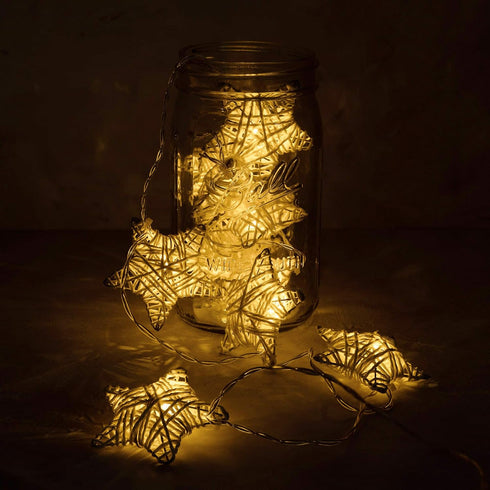 6 ft 10 LED Metal Rattan Style Star String Fairy Lights Garland, Battery Operated, Wedding Holiday Christmas Tree, Valentine Kid’s Room Bedroom De...