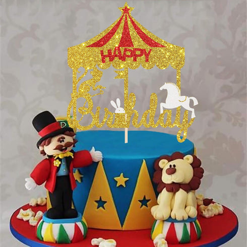 Glitter Circus Happy Birthday Cake Topper - Tent Carnival Themed Cake Decor - Amusement Park Circus Theme Party Supplies Gold...