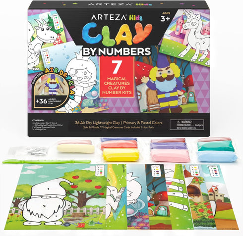 Arteza Kids Air-Dry Clay, 36 Bars, Magical Creatures Modeling Clay-by-Numbers Kit, 7 Magical Cards, 14 Googly Eyes, Craft Supplies for Learning Ce...