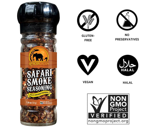 Safari Smoke Seasoning by African Dream Foods | All-Natural Smoky Seasoning | Made with Smoked Paprika Flakes, Dried Garlic, Basil, Sea Salt| Reus...