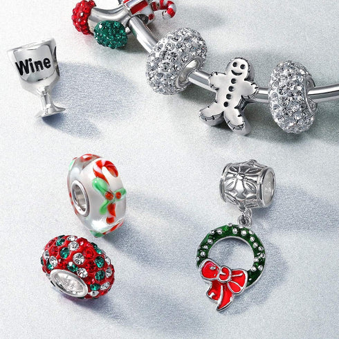 Green Christmas Holiday Red Bow Green Wreath Green Mistletoe Holly Dangle Charm Bead For Women Teen Enamel .925 Sterling Silver Fits European Brac...