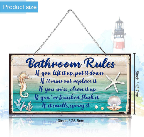 Seashell Bathroom Rules Decor Signs Wall Ocean Theme Beach Seashell Starfish Decor for Metal Sign Hanging Wall Funny Bathroom Rules Art Decorative...