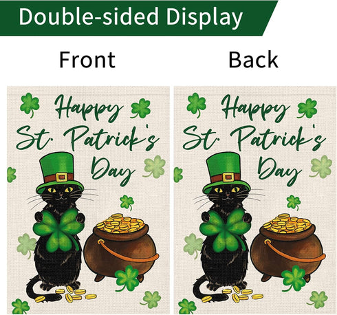 Happy St. Patrick's Day Garden Flag Black Cat Yard Flags Luckly Shamrock 12x18 Inch Vertical Double Sided Burlap Banner for Spring Holiday Farmhou...