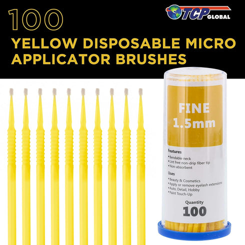 TCP Global 100 Paint Touch Up Brushes, Disposable Micro Brush Applicators, Yellow with Fine 1.5 mm Tips - Auto Body Shop, Auto Car Detailing, Hobb...