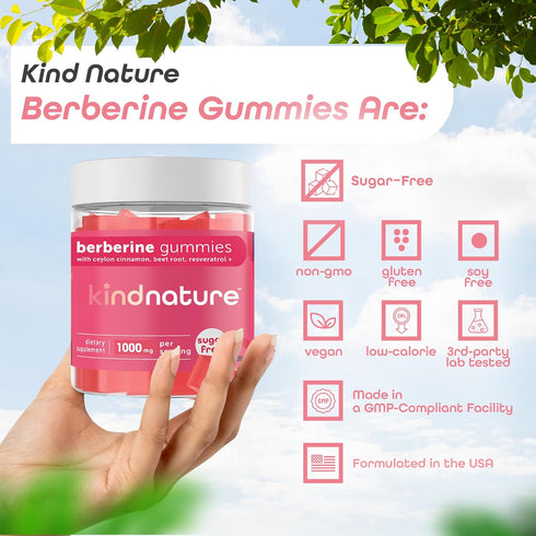 Kind Nature 1000mg Berberine Gummies - Sugar Free Natural Berberine Supplement Gummies with Ceylon Cinnamon & Beet Root - Non GMO, 3rd Party Teste...